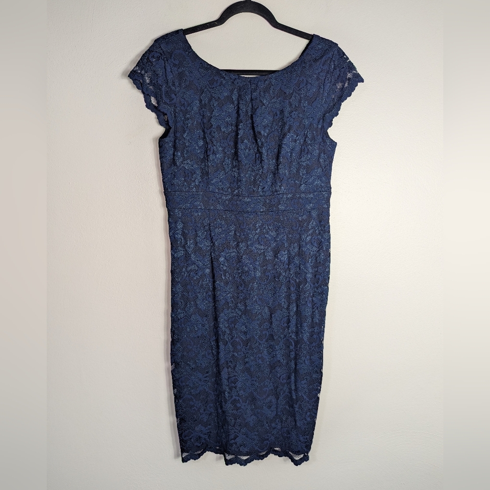 12 Calvin Klein Blue Lace Scallop Sleeve Sheath Dress